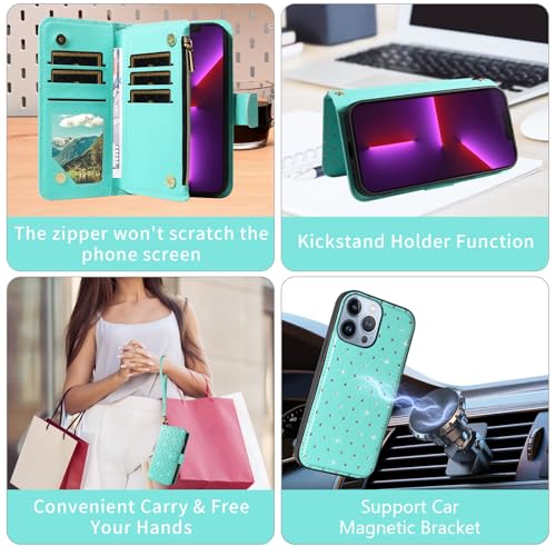 Étui portefeuille iPhone 13 Pro chic en vert pailleté de luxe - 5