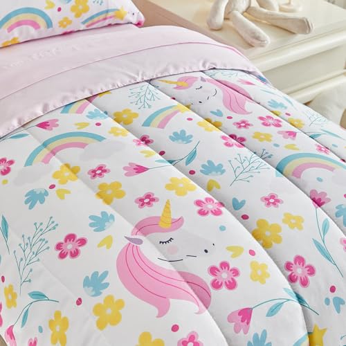 Image of Unicorn Toddler Bedding Set for Girls Light Pink Unicorn Flowers 4PC Toddler Bed Set - Soft Blue Yellow Floral Rainbow Cute Princess Toddler Bed in a Bag with Pink Sheet Set and Pillow Shams