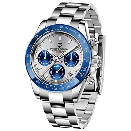 Pagani Design 1644 Men's Watches, VK63 Quartz Movement Stainless Steel 100M Waterproof Panda-Dial Wristwatch Chronograph, Blue, Classic