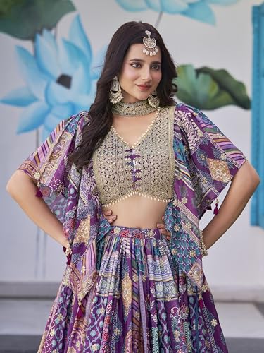 Image of Women's Digital Print With Zari Dori Embroidery Work Chinnon Silk Lehenga Choli With Dupatta (Women-Lehenga-Choli-New; Free size)