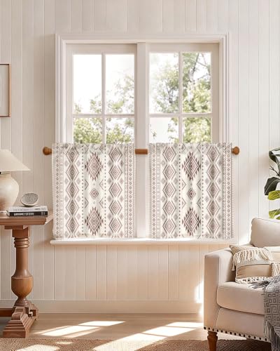 Image of Miss Adola Boho Kitchen Curtains - 24 Inch Length Linen Blend Geometric Striped Cafe Curtains Western Tier Curtain Short Drapes Rod Pocket for Bathroom Living Room Windows Light Filtering, 2 Panels