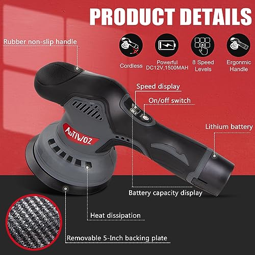 AUTIWOZ Cordless Car Buffer Polisher Machine Dual Action Polishing Machine Orbital 2500-5000RPM 8 Variable Speeds 5inch Backing plate for Car Detailing Polish Buffing Sanding DIY with 2PCS 12V Battery 4 AUTIWOZ Cordless Car Buffer Polisher Machine Dual Action Polishing Machine Orbital 2500-5000RPM 8 Variable Speeds 5inch Backing plate for Car Detailing Polish Buffing Sanding DIY with 2PCS 12V Battery - Image 4