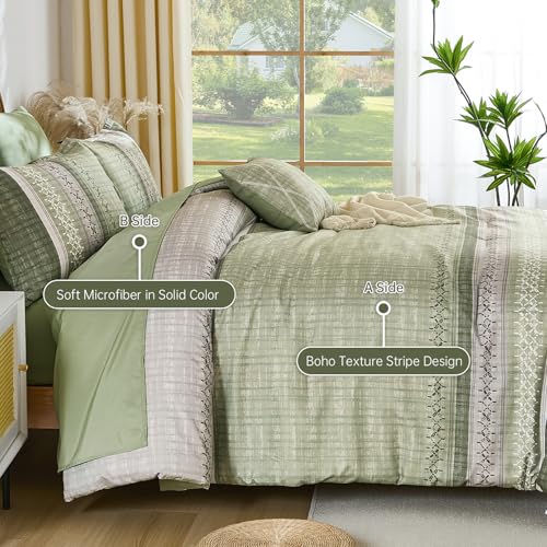 Image of Dintszyayue Sage Green King Comforter Size Set, 8 Pieces Striped Boho Texture Bed in a Bag Sets, Lightweight Soft Bohemian Comforter and Sheet Set, All Season Microfiber Bedding Sets for Men Women