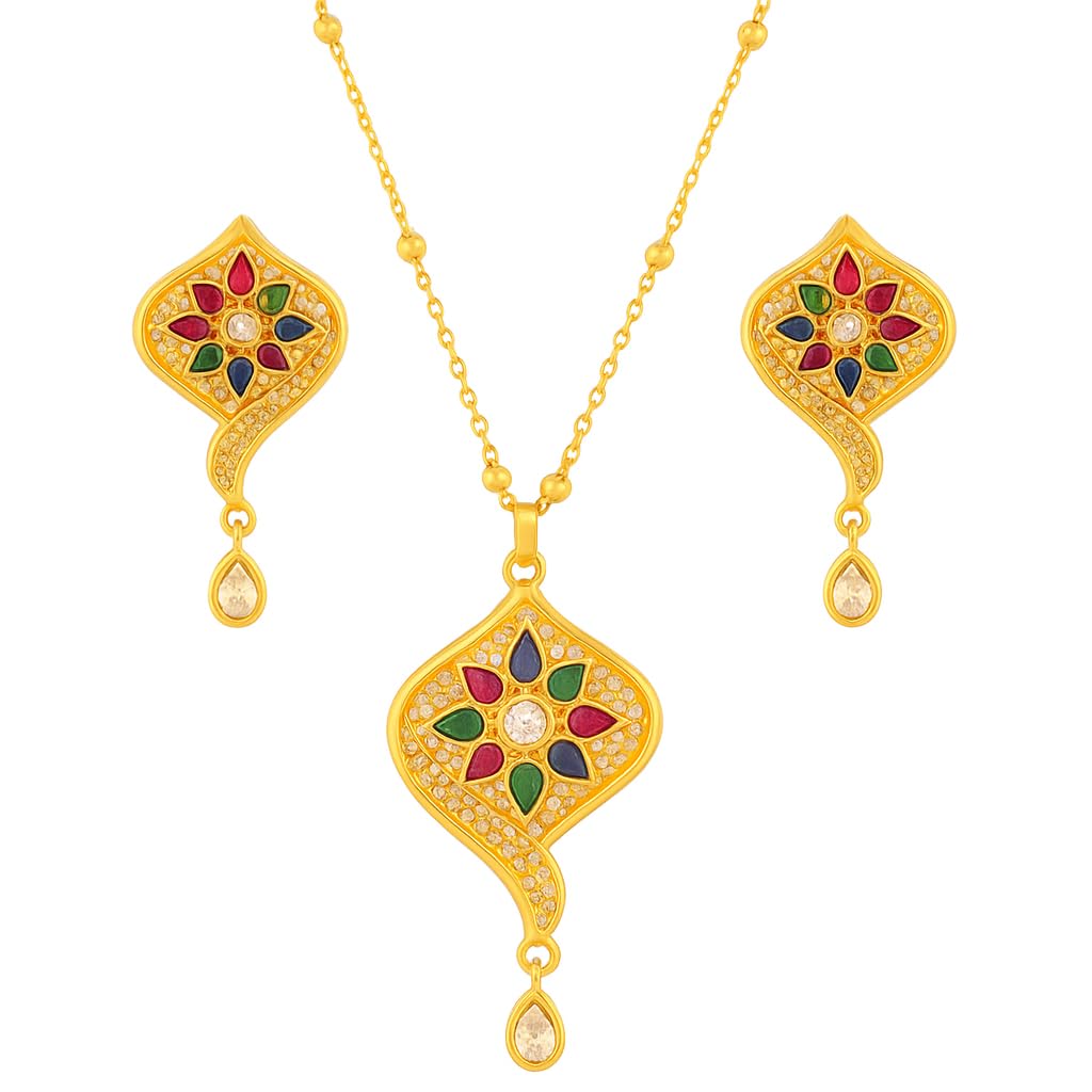 Elegant Traditional Gold Plated Necklace and Earrings Set for Women | Premium Imitation Jewelry with Enamel Floral Design, Long Chain Pendant, Matching Earrings | Perfect for Bridal, Wedding, Party, E