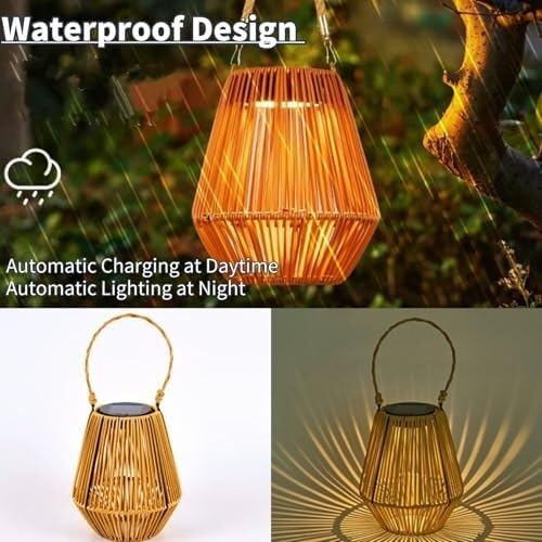 Solarne lampiony zewnętrzne dekoracyjne światła – wodoodporne rattanowe lampy wiszące z automatycznym włączaniem/wyłączaniem do ogrodu, na podwórko, patio i drzewa