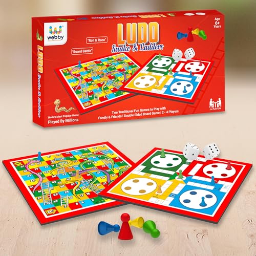 Image of Webby Ludo with Snake and Ladders Double Sided Board Game | Portable Travel Set | Traditional Fun Family Game for Kids and Adults