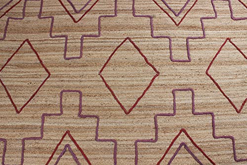 Tapis en jute naturelle résistant géométrique beige rouge pour salon