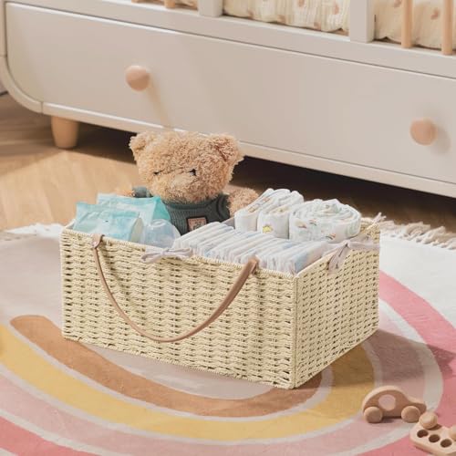 Image of HBlife Baby Diaper Caddy Organizer, Paper Rope Storage Baskets Nursery Bin with Removable Divider, Portable Car Organizer for Diapers, Baby Shower Gifts, Newborn Essentials Must Haves