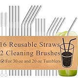 16-Pack Reusable Stainless Steel Metal Straws with Cleaning Brush - Long Metal Straws Drinking for 30 oz and 20 oz Tumbler Eco Friendly