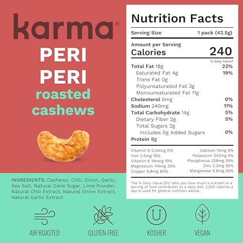 Image of Karma Nuts Peri Peri Chili Spiced Cashews | 1.5 oz - 12 Pack | Whole Cashews | Air Roasted, No Oil | Natural, Minimally Processed | Non-GMO, Gluten-Free, Vegan, Kosher | Rich in Antioxidants + Fiber