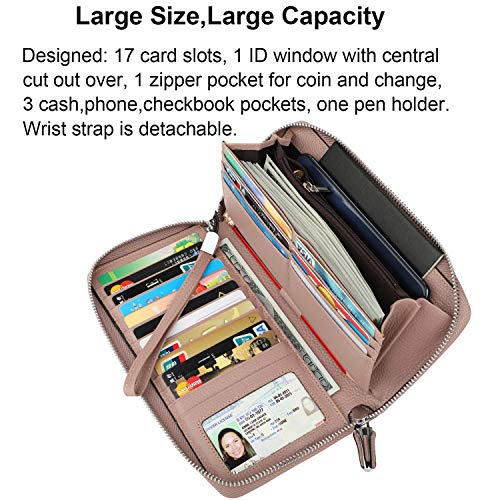 Lavemi Women's Rfid Blocking 100% Leather Large Capacity Zip Around Wallet Phone Holder Clutch Travel Purse Wristlet(Large Size Nude) #TOP3