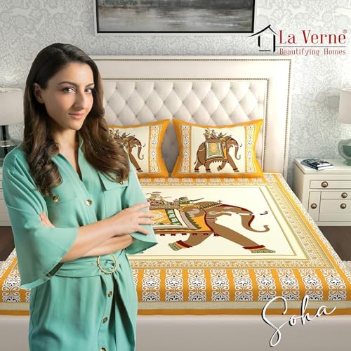 Image of La Verne 104 TC Cotton Double Bed Bedsheet Jaipuri Rajasthani Print Bedsheet with 2 Pillow Covers