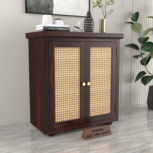 Image of Solid Sheesham Wood Sideboard Cabinet for Living Room | Wooden Storage Cabinet with 2 Cane Doors & Shelf | Modern Rattan Design Sideboard for Home (Walnut Finish)