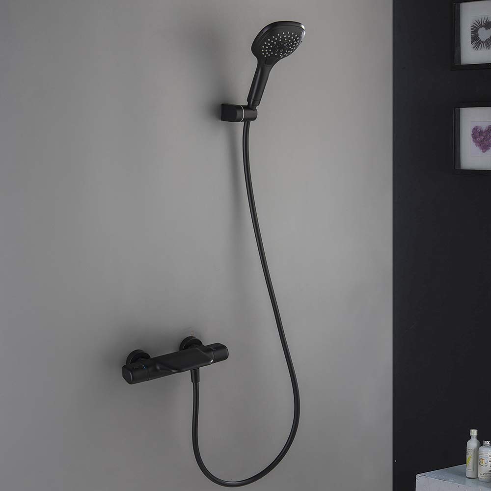 Conjunto de Ducha, Grifo de bañera Mural con Ducha, Mezclador termostático para bañera y Ducha, grifos de Ducha de latón con Ducha de Mano y Manguera, Color Negro.
