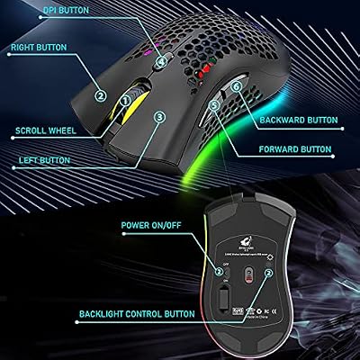 Wireless Lightweight Gaming Mouse Honeycomb with 7 Button Multi RGB Backlit Perforated Ergonomic Shell Optical Sensor Adjustable DPI Rechargeable 800 mAh Battery USB Receiver for PC Mac Gamer(Black)