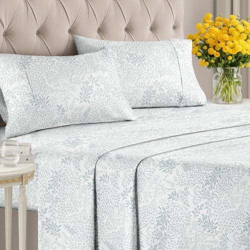 Image of Queen 4 Piece Floral Sheet Set - Soft, Breathable & Cooling - Gray Ferns
