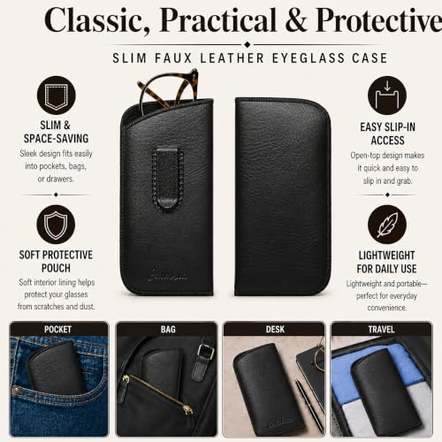 Image of Calabria Slim Faux Leather Eyeglass Case Soft Slip-In Design [Black - 50 Pack] | Compact Protective Pouch | Soft Case for Glasses | Lightweight Sunglass Storage