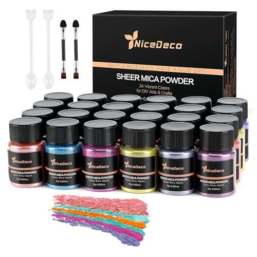 Nicedeco Mica Powder, Cruelty Free, Vegan, 24 Colors Natural Pigment Powder for Epoxy Resin, Gel Nail Polish, Nail Art, Soap Making, Candle Making, Dye