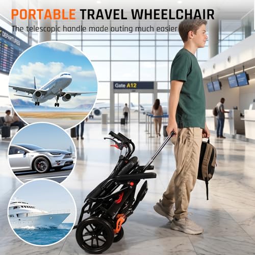 Image of SOFTFISH Transport Wheelchair for Adults with Pull Rod & Multi Shock-Absorbing, Portable Transport Wheelchairs with Foldable Footrest and Armrests, 10 inch PU Tires Wheelchair for Travel & Daily Use