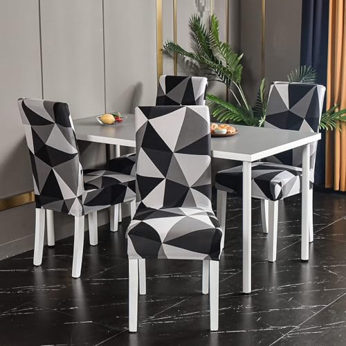 Image of Dining Chair Covers Set of 1, Stretchable Removable Washable Anti-Slip Universal Fit Printed Polyester Spandex Slipcovers (Black Triangle)