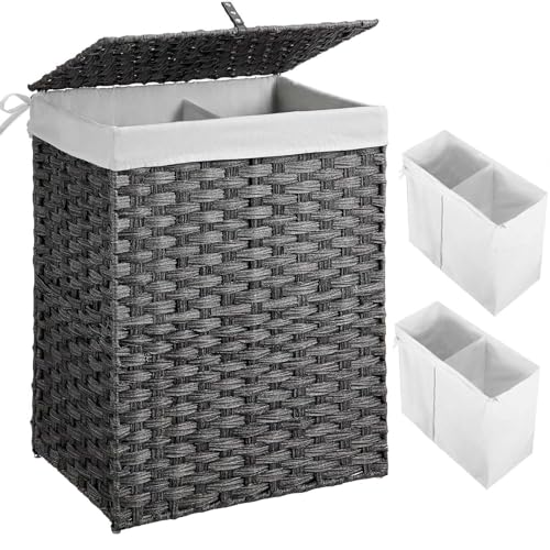 Image of Greenstell Laundry Hamper with 2 Removable Liner Bags - 90L Divided Clothes Hamper, Handwoven Synthetic Rattan Foldable Laundry Basket with Lid and Handles Gray (18.3x13.3x24.0Inches)