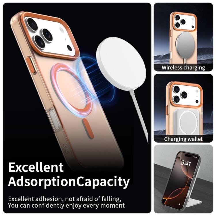 Image of VONZEE Translucent Matte Back Cover for iPhone 17 Pro Max Case, Shockproof Anti-Fingerprint Phone Cover with Magnetic Wireless Charging, MagSafe Compatible Case for Men & Women (Orange)
