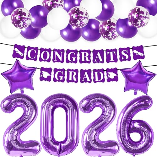Image of KatchOn, Purple Graduation Decorations 2026 - Pack of 31 | 40 Inch, Purple 2026 Balloons, Congrats Grad Banner for Graduation Decorations Class of 2026 | Grad Decoration
