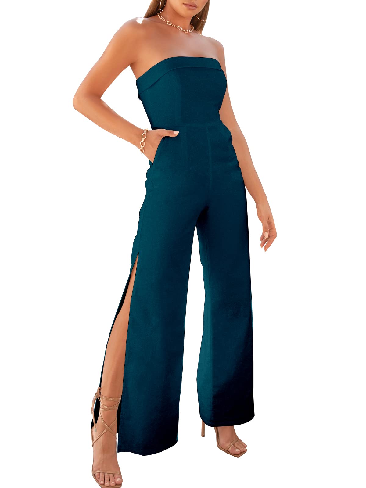 PrinbaraWomen's Jumpsuits Dressy Strapless 2024 Summer Off Shoulder High Waist Wide Leg Slit Long Rompers Playsuit
