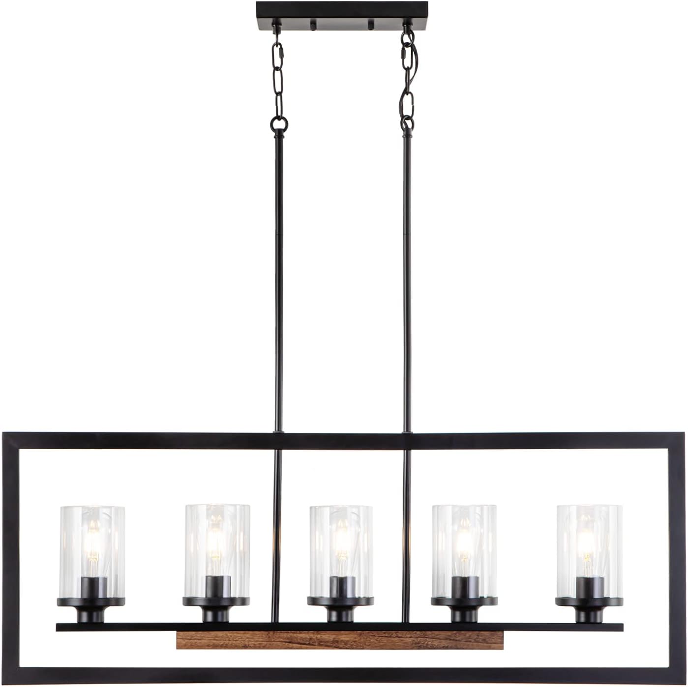 NSRCE Farmhouse Dining Room Light Fixture, 5-Light Island Lights for Kitchen, Rectangle Chandeliers with Black Metal and Natural Wood Finish