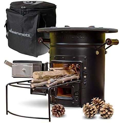 eisenmatt.® Raketenofen V1 Set inklusive Tasche | mit Heatcontrol und Echtholzgriffen | aus Keramik Stahl Gusseisen | Outdoor Ofen, Camping BBQ Holzofen, tragbar - Kochen ohne Strom - Schwarz Matt Cover