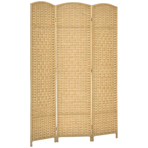 HOMCOM Paravento da Interno a 3 Pannelli Pieghevole, 135x180 cm Separé Divisorio per Ambienti Interno Autoportante Intrecciato in PP e Legno di Pino per Casa, Soggiorno e Ufficio, Effetto Naturale