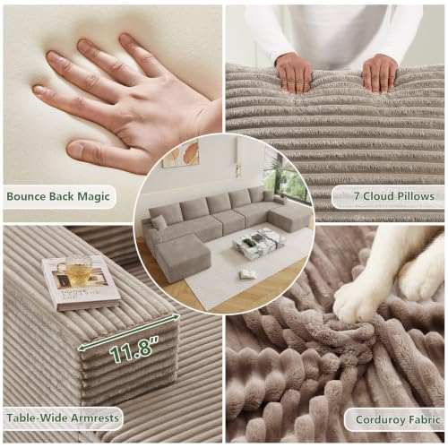 Image of Oversized Modular Sectional Sofa Couch,Large 7 Seater Corner Sofa Modern U Shaped Sectional Couch with Ottoman Cloud Couches for Living Room,Office, Spacious Space, Corduroy,No Assembly,Camel