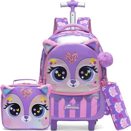 Meetbelify Rolling Backpack for Girls Backpacks with Wheels for Elementary Preschool Students Kids 3 in 1 Travel Luggage Carry on Suitcase for Girls Age 8-10