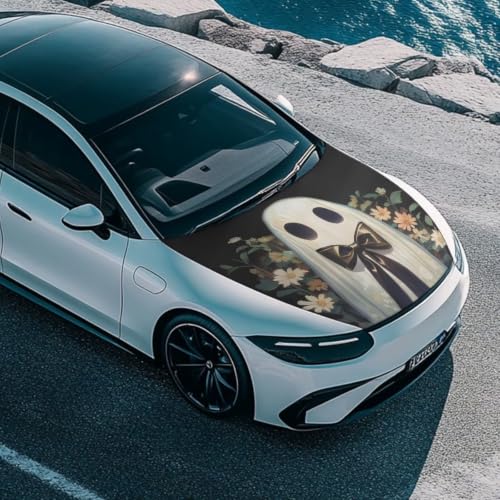 Image of Floral Ghost Car Hood Cover, Wild Flower Removable Automotive Exterior Accessories Halloween Ghost Washable Elastic Car Bonnet All-Season Protection for SUV Sedan