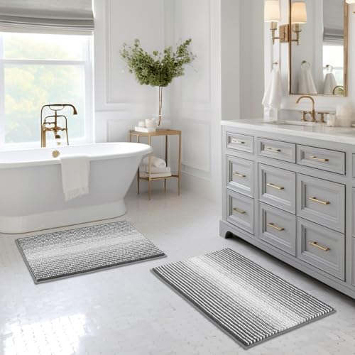 BSICPRO Bathroom Rugs and Mats Sets, 2 Piece Thick Absorbent Chenille Bath Mat Rug Set Non Slip, Soft Shaggy Room Floor for Bathroom, Machine Washable (20