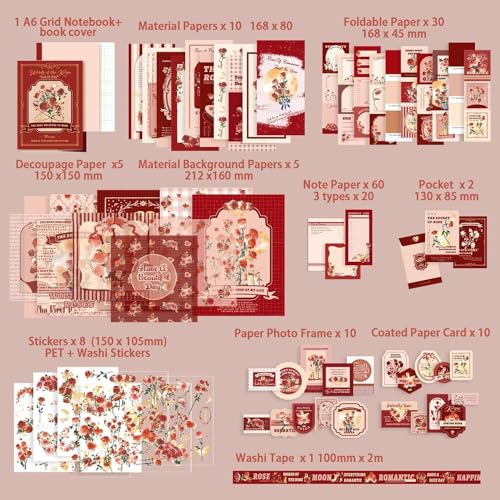 Image of Paper Vintage Aesthetic Scrapbook Kit(346Pcs) Scrapbooking Supplies Kit with Bullet Junk Journal,Stationery,A6 Grid Notebook Journaling Gift for Girl (Rose Scrapbook)