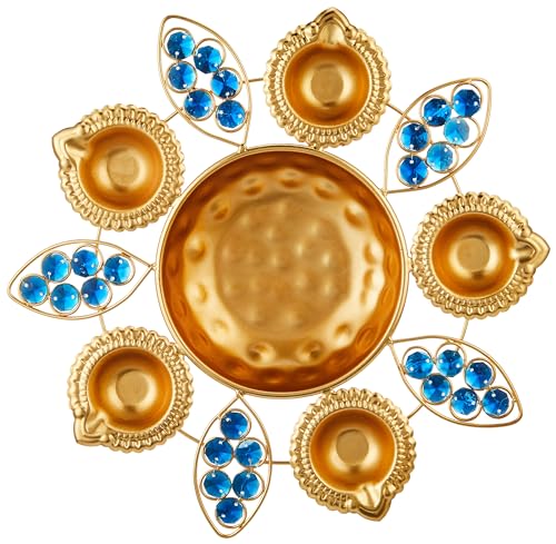 Image of Amazon Brand - Solimo Diya Shape Iron Flower Decorative Urli for Home | Handcrafted | Golden | Blue Stone