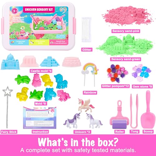 Image of Carolart Unicorn Sensory Bin, Sand Box Kit with Sensory Sand for Girls | Unicorn sand kit , Sensory kit with castle molds and storage bin for creative play, girls gifts for toddlers ages 3+