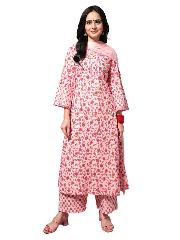 Varanga Women Peach Printed V Neck Collar Kurta With Tonal Dupatta And Bottom, Three-Quarter Sleeves, Lace Detail