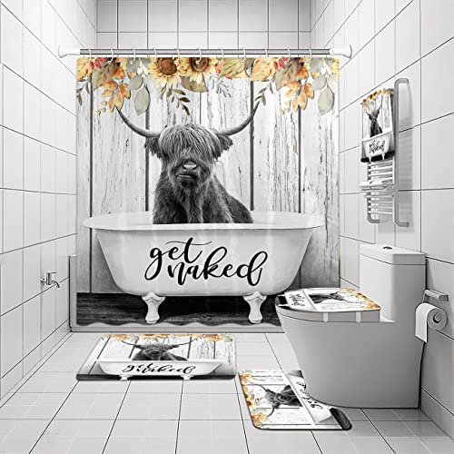 5 Pcs Cow Shower Curtain Set With Rugs And Accessories Funny Bull Longhorn Cattle Bathroom Accessory Set Include Towel, Non-Slip Rug, Contour Rug And Toilet Lid Cover, Shower Curtain With 12 Hooks #TOP15
