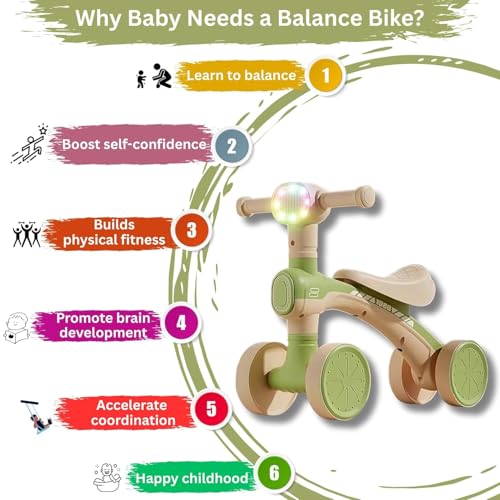 Image of Kids Balance Bike with Music & LED Lights | 4 Wheel Toddler Ride On Toy for 1-5 Years Boys & Girls | Lightweight, Safe & Durable Baby Walker Bike (Green (KB-157))