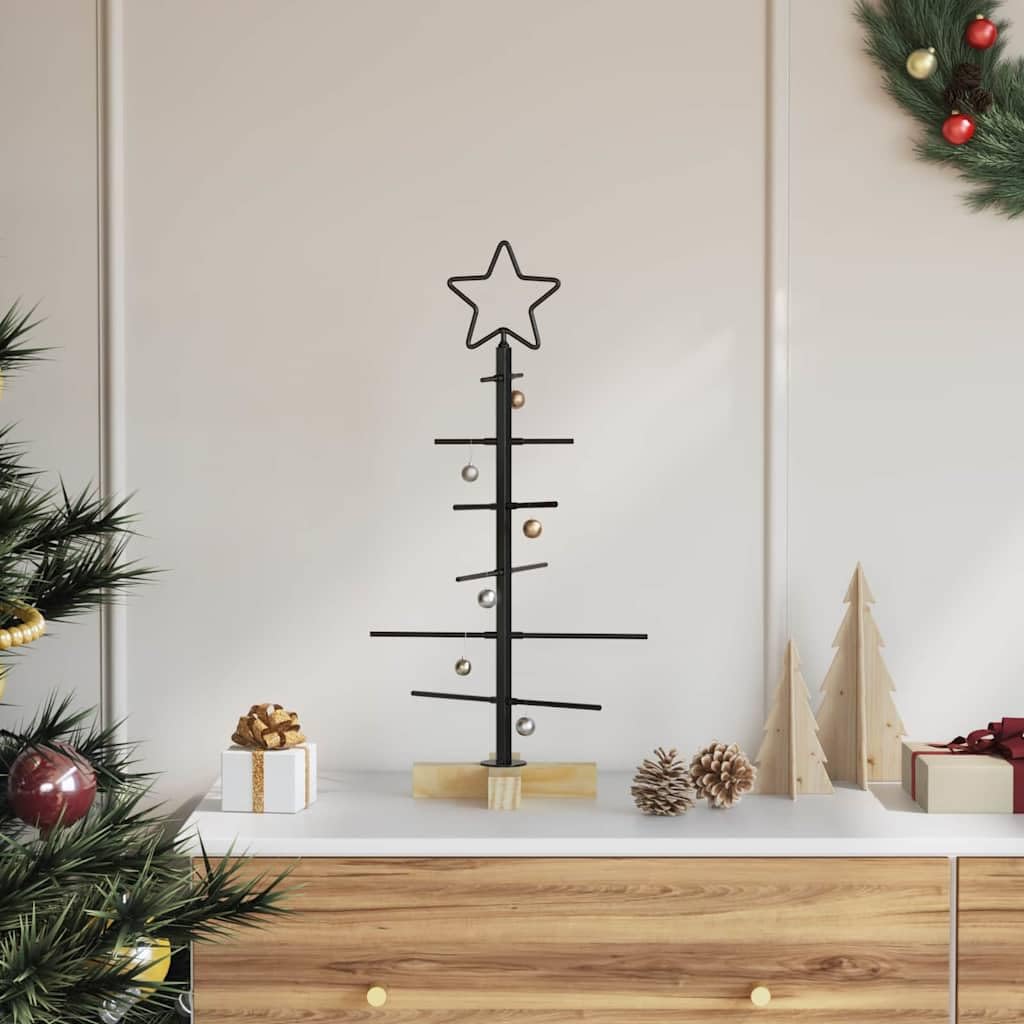Albero di Natale in metallo, nero, 59,5 cm, acciaio verniciato a polvere | supporto in legno di pino massiccio, facile da montare, per interni ed esterni coperti