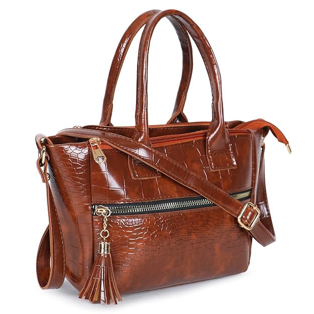 Image of Croco Pattern Premium Synthetic Leather Handbag For Women Top Handle Shoulder Bag Adjustable & Detachable Sling Strap Stylish Handbag For Ladies (Tan) (Tan)