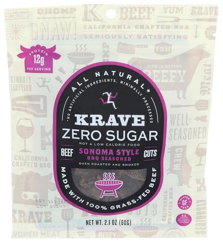 KRAVE Zero Sugar Beef Jerky, Sonoma Style BBQ - All Natural 100% Grass Fed Beef - Protein Packed Keto Snacks Roasted for Maximum Flavor - Gluten Free - 2.1 Ounce