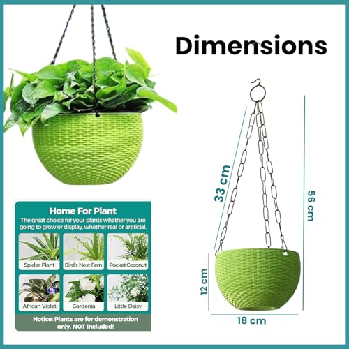 Image of Go Hooked Pots | Plastic | Hanging Pot | Green | Pot Diameter- 7.1 Inch | Pot Height-4.8 Inch | Pot Thickness-3 mm | Chain Length-13 inch Approx. | 6 Pieces