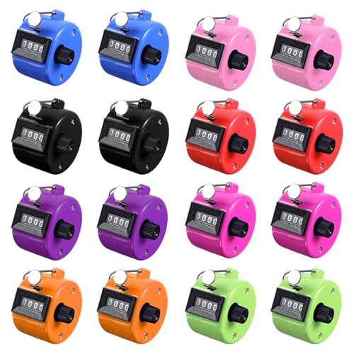 16 Pcs Handheld Clicker Counter 4 Digit Mechanical Tally Counter Assorted Color Pitch Palm for Counting Numbers Knitting Coaching Golf Lap Fishing School Sports Event