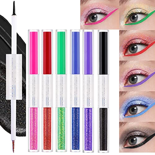 Sayingart 2N1 Matte Liquid&Glitter Shimmer Eyeliner Set, 6 Colors Metallic Satin Finish Rainbow Spark Eye Liner Pen, 24H Waterproof High Pigmented Smudge Proof Gel Makeup Kit For Women #TOP25