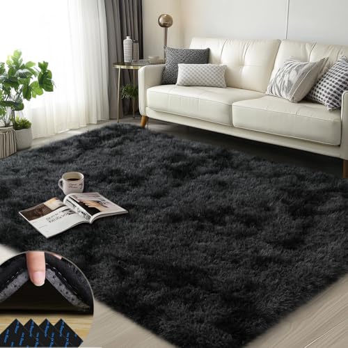 3x5 Rugs for Bedroom, Fluffy Area Rugs for Living Room, Soft Shag Kids Rug Small Carpet with 4 Non-Slip Rug Pads (Black Grey Tie-Dyed, 3ft x 5ft)