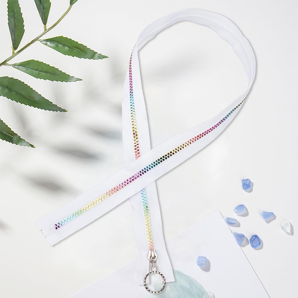 CABODYALS 4Pcs #5 White Metallic Rainbow Zipper Tape by The Yard Teeth Resin Colorful Coil Sliver Metal Round Ring Pull Nylon Separating Zippers Bulk for Sewing Making Tailor Bag Clothes Crafts Decor