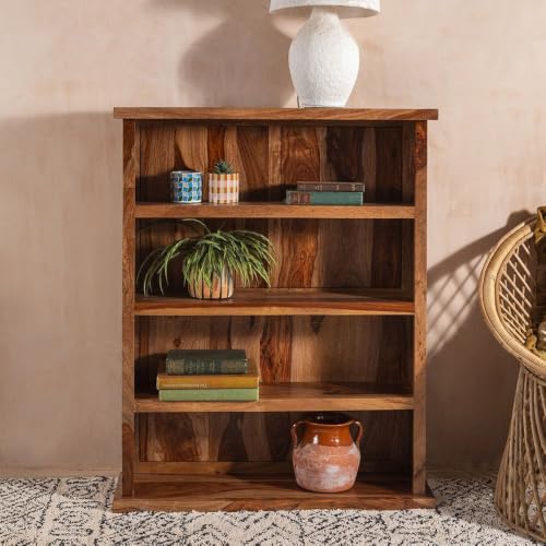 Image of ANGEL FURNITURE Solid Sheesham Wood Storage Bookshelf Medium Size, Honey Finish, 80x23x100CM